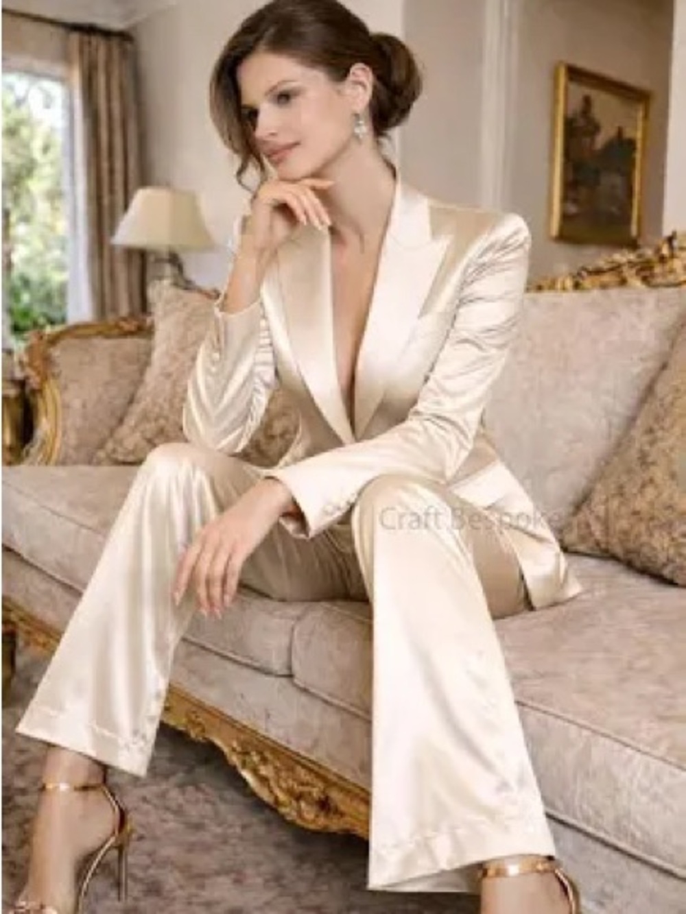Elegant Satin Women's Pantsuit - Cream by Zara Pants M Jacket S